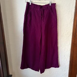 LOFT Linen Blend Smocked Wide Leg Cropped Pants M